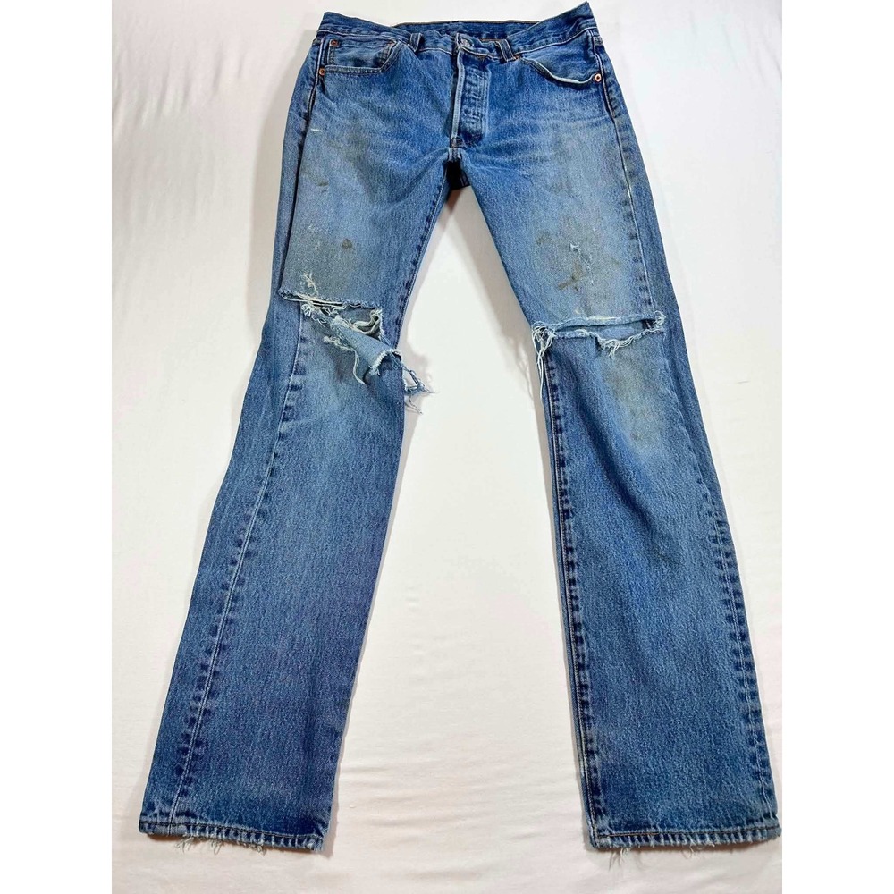 Levis 501 Original Fit Straight Leg Jeans Distressed Mens W32 L34